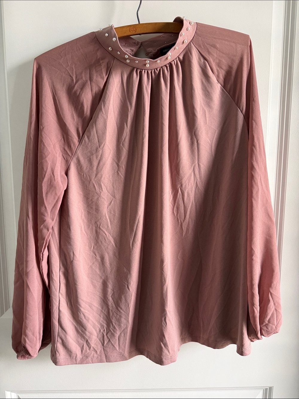 Cable & Gauge - Pearl-Stud Mock Neck Blouse - Dusty Rose